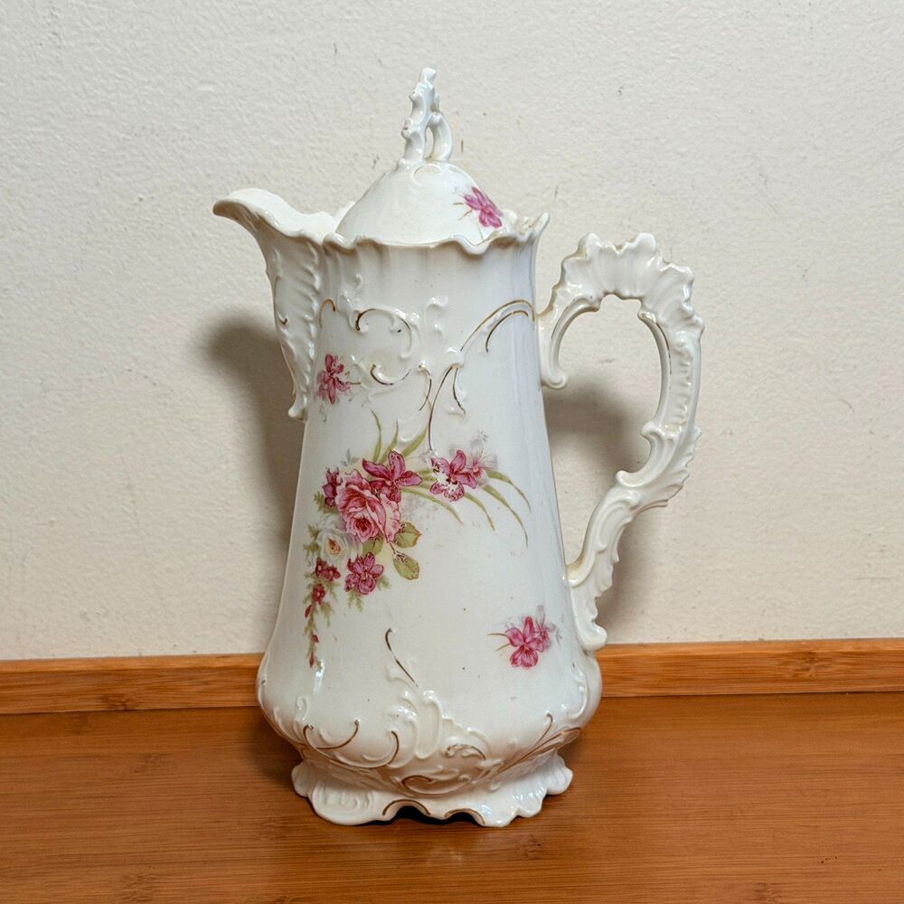 Antique Brunswick Germany Porcelain Chocolate Pot Pink Roses Floral Lid